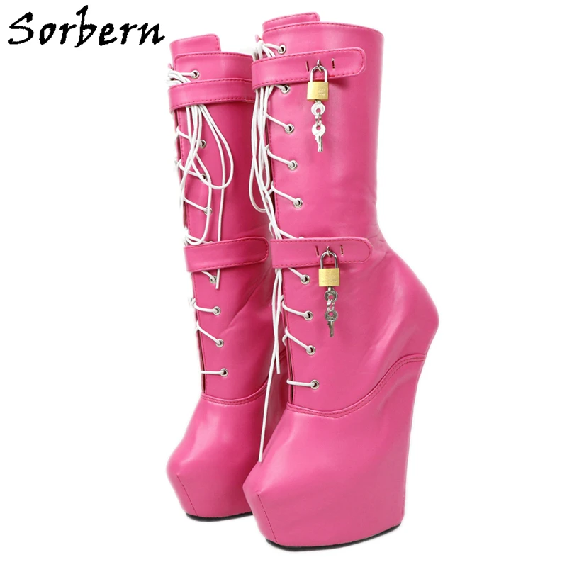 Sorbern Heavy Hoof Sole Heelless Mid-Calf Boots Women Platform Heels Custom Made Colors Hot Pink Matte Hoof Boots Females