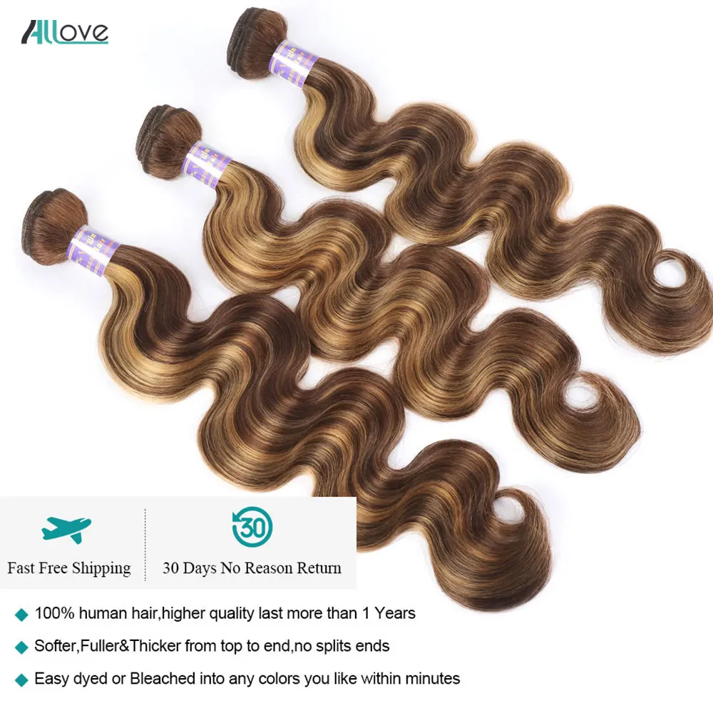 Allove Highlight บราซิล Body WAVE Human Hair Bundles 4/27 น้ําผึ้งสีบลอนด์สีบราซิลผมรวมกลุ่ม 1/3/4 PCS