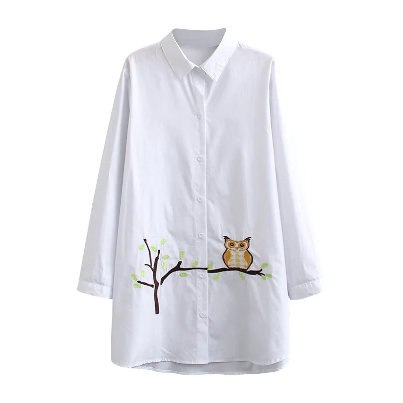 Autumn Women Shirts Ladies White Tops Female Long Sleeve Blouses Owl Embroidery Loose Plus Size Clothing S79 8081