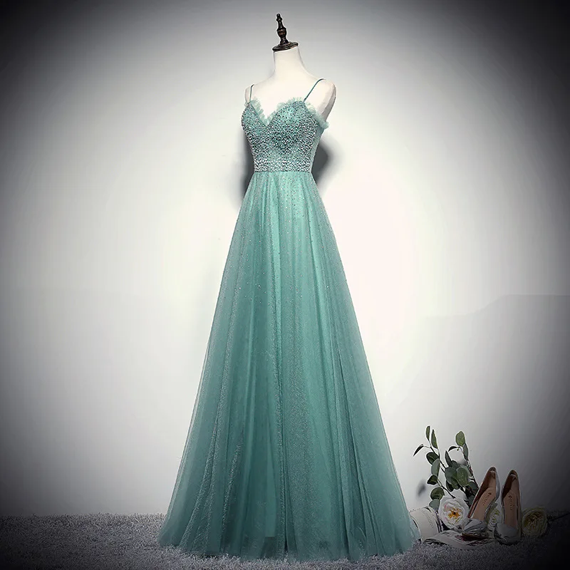 Sexy Green Bridesmaid Dresses Long tulle Party Gowns Spaghetti Backless Shining Beads