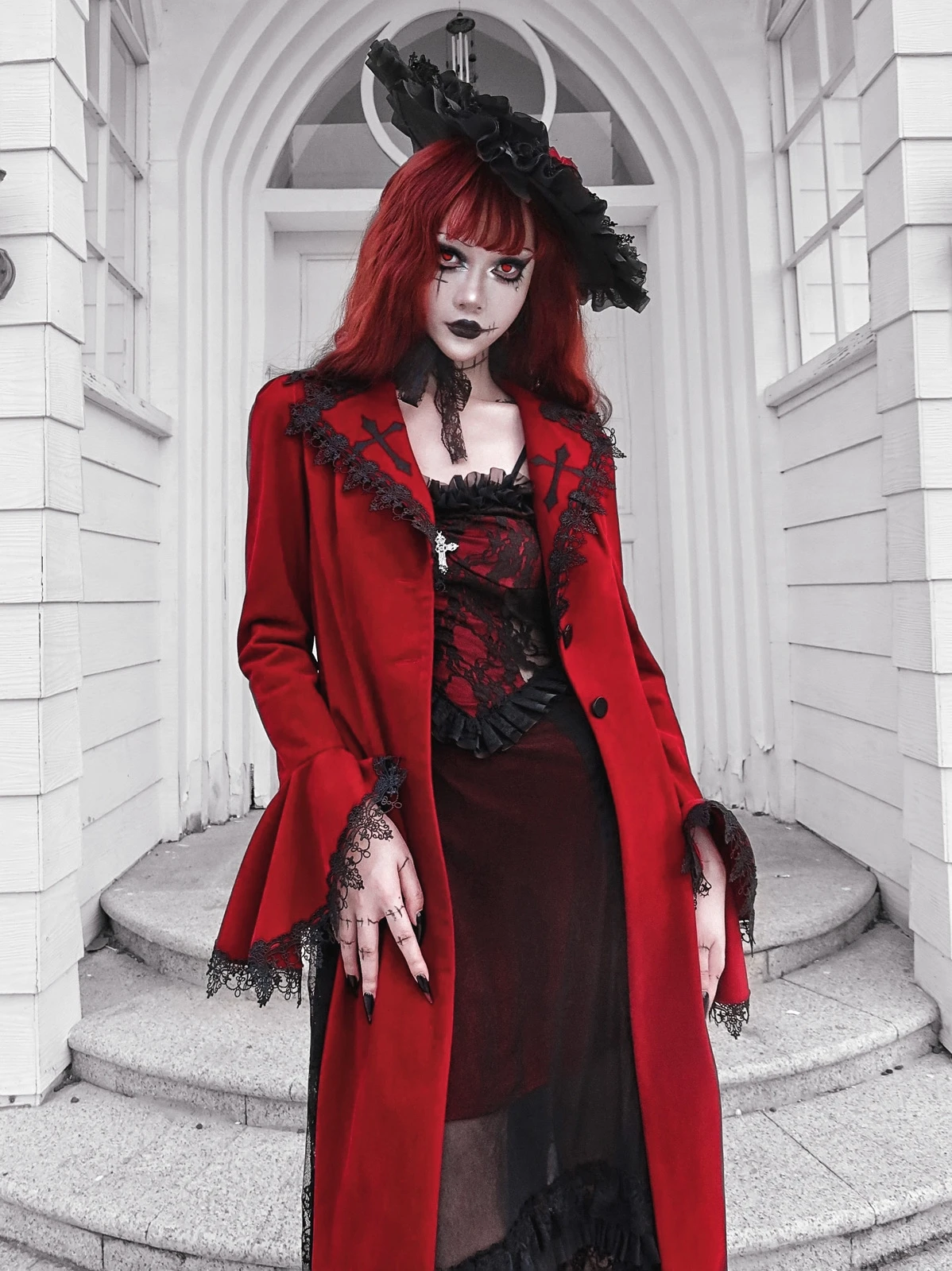 Blood Supply Original Design Red Wine Bloody Vampire Velour Slit Slim Long Blends Lace Patch Gothic Holloween Jackets Long Women