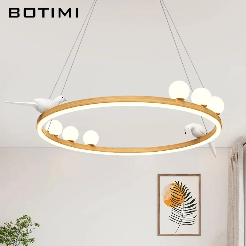BOTIMI Round LED Chandelier With White Birds For Living Room Wire Hanging Round Lustres Suspension Dining Lighting Fixtures