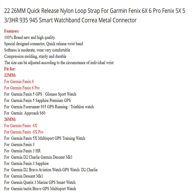 22mm 26mm Nylon armband für Garmin Fenix 6x Pro 6 Fenix 5 5x plus 3 3hr Vorläufer 935 945 d2 Bravo Schnell verschluss Smart Watch Band