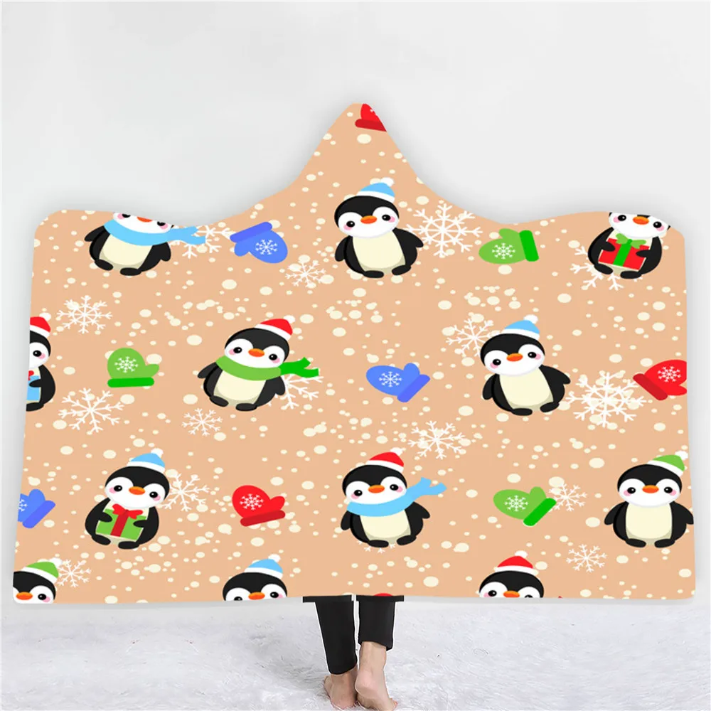 Likurb Christmas Santa Penguin 3D Printed Plush Hooded Blanket Picnic Wearable Fleece Throw Warm Gift for Kids Adults