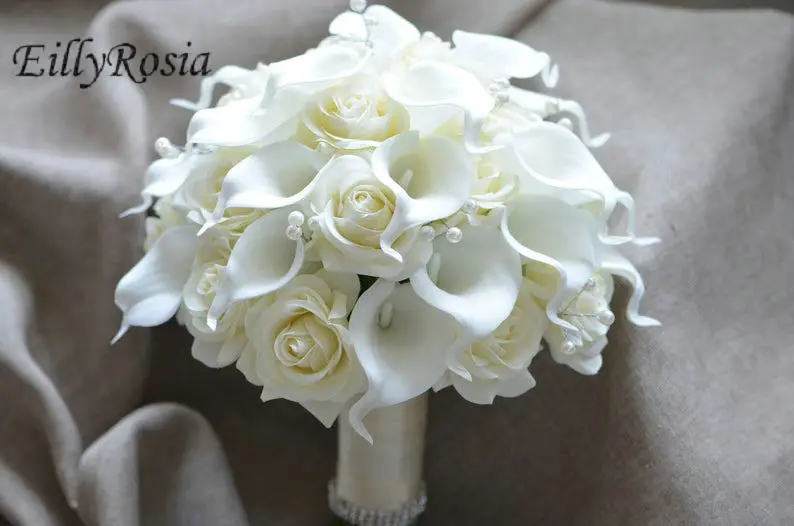 Eillyrosia rosas brancas cala lírio nupcial buquê de pérolas decoração flores de casamento ao ar livre para a dama de honra da noiva sztuczne kwiaty