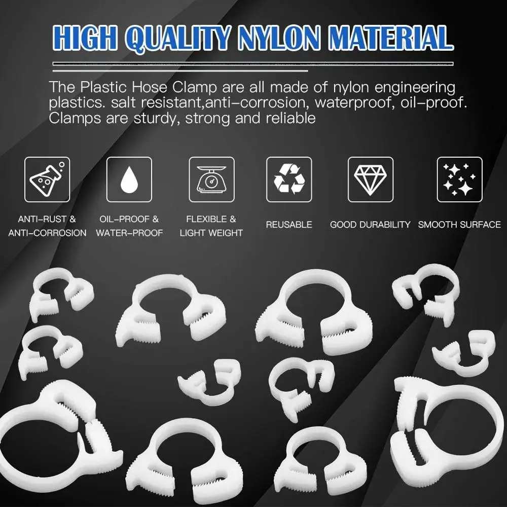 8 Size Heavy Duty White Double Gripping Nylon Hose Clamps Set,6.6-27.2mm Snap Ratcheting Clamps Assortment Kit Strap Clamps