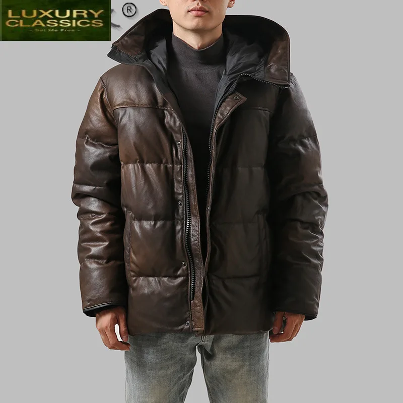 Natural Genuine Leather Duck Down Jacket Men Clothing 2021 Streetwear Motorcycle 100% Real Sheepskin Coat Male Hooded 909