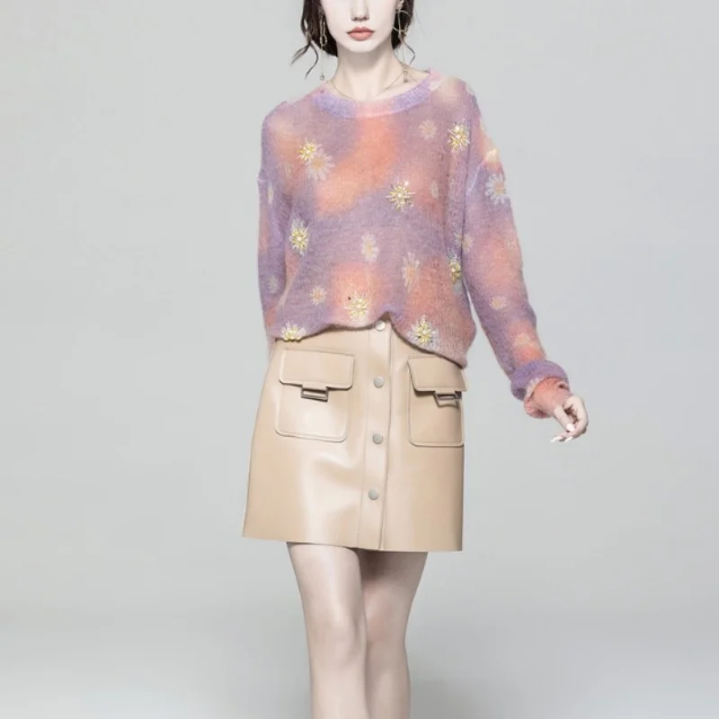 

Knitting Elegant Tops Rendering Beading Flower Pink-Purple Lazy Loose Mohair Pullover Women Sweater Office Lady Autumn Winter