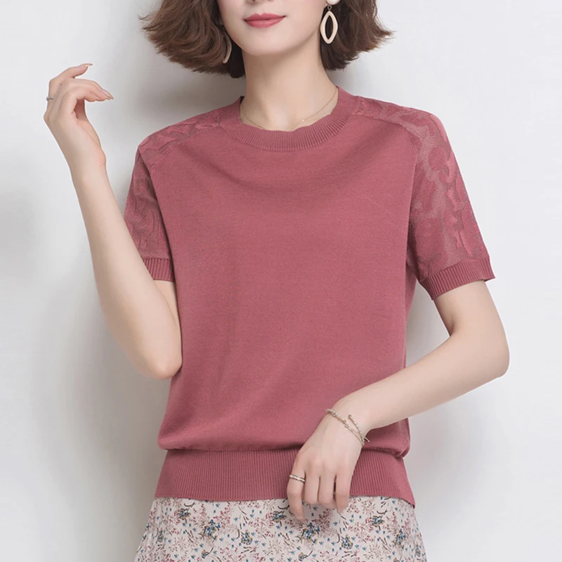 Fashion Mesh Patchwork Short Sleeve Knitted T-Shirt Women Casual Short Solid Knitwear Tops Female Summer Slim Pullover Tee