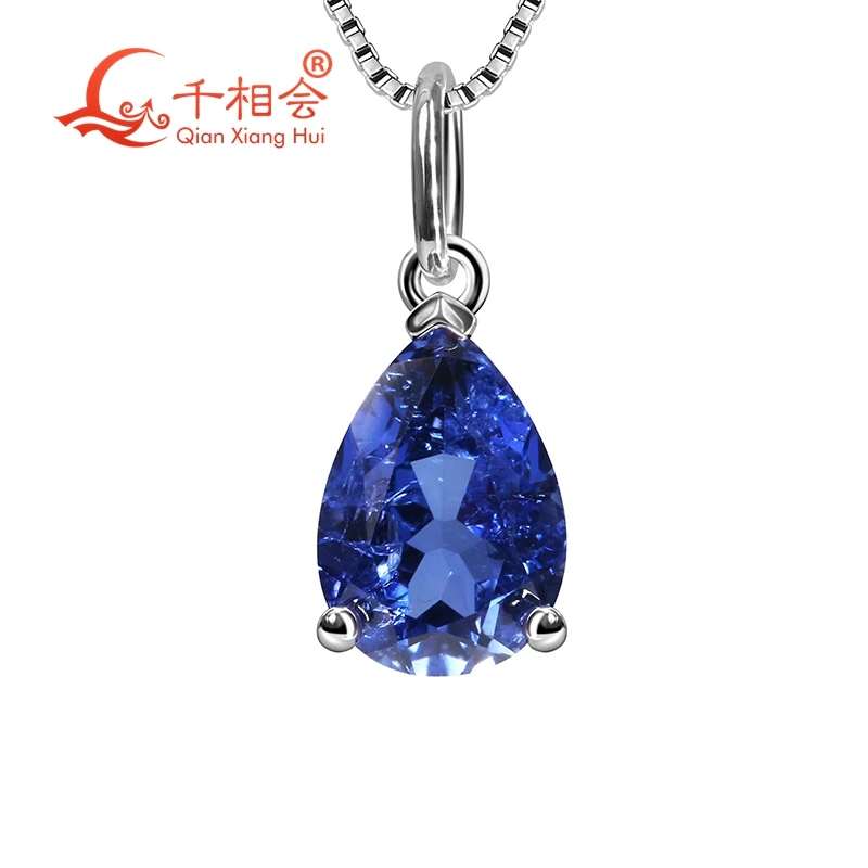 925 Silver Pear Shape 7x10mm Blue Artificial Sapphire Inclusions Main Stone Jewelry Pendant Necklace