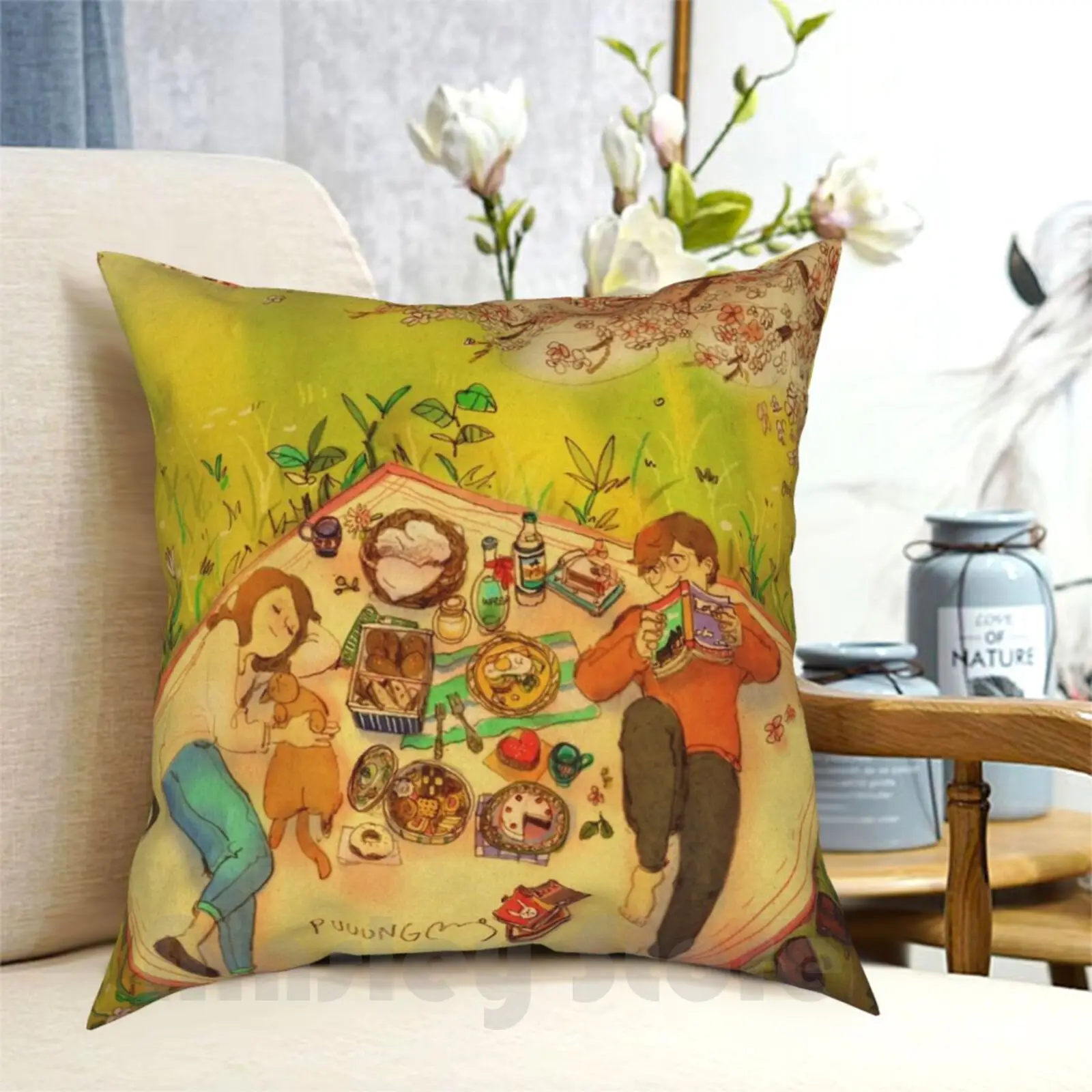 

Spring Picnic Pillow Case Printed Home Soft Throw Pillow Puuung Love Aesthetic Romance Romantic Cozy Happy Moment Couple