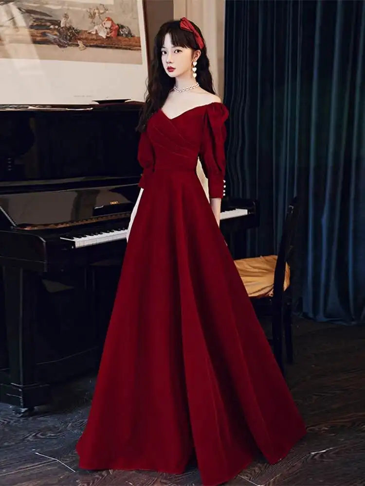 Burgundy Muslim half sleeves Prom Dresses Formal Evening Party Gowns Vestido De Festa Party Dresses robe de soiree plus size