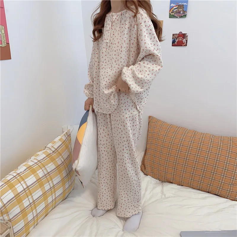 Vintage Cherry Print Cotton Pajamas Set Women O-Neck Long Sleeve Single Breasted Shirts + Long Pants Home Suit Japanese Soft