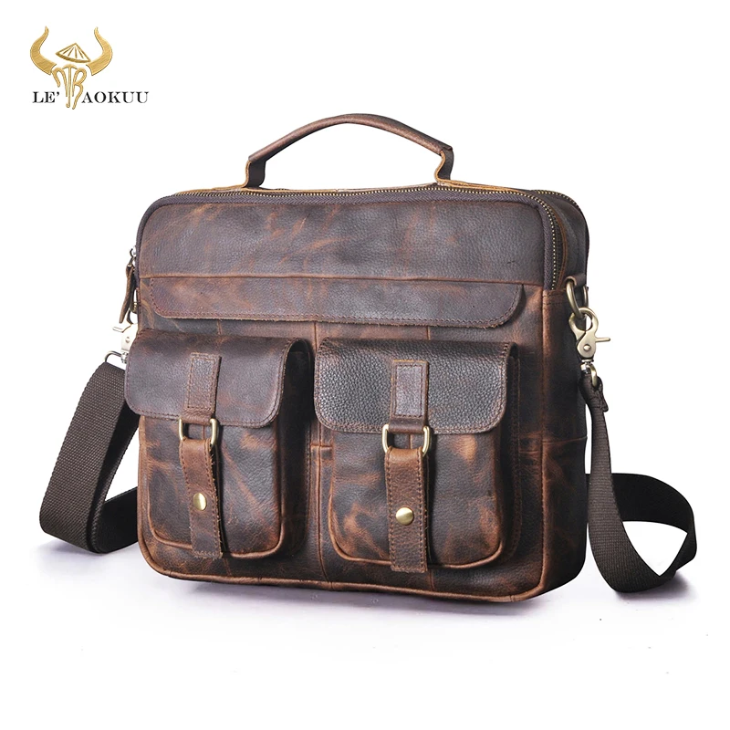 Le'aokuu Crazy Horse Leather Briefcase For Men Male Business 13" Laptop Case Design Attache Tote Messenger Bag Portfolio B207