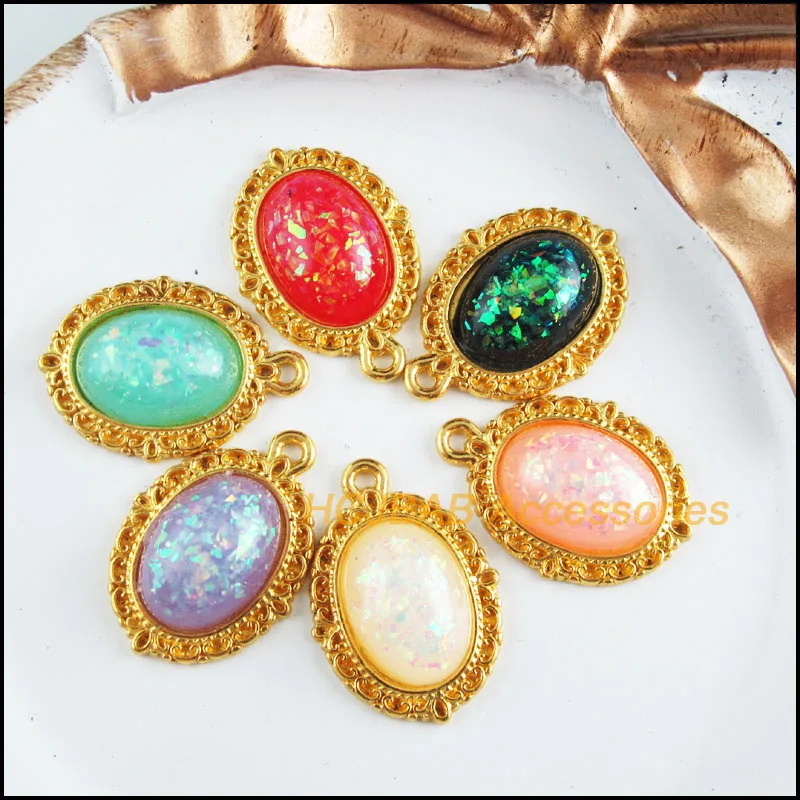 

12 New Flower Charms Gold Color Retro Mixed Oval Resin Pendants 16x23mm