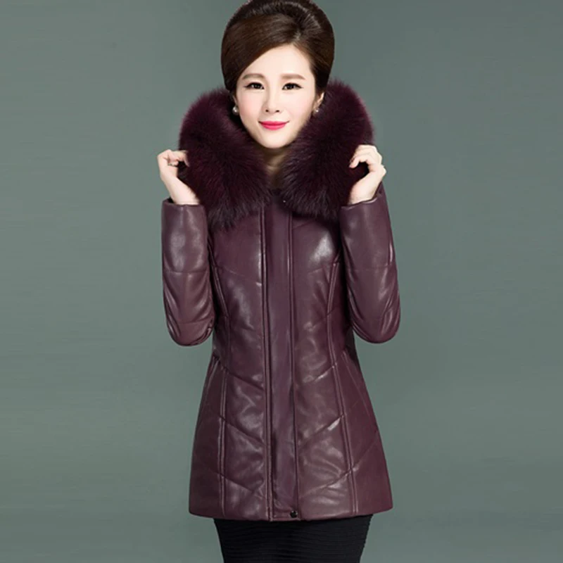 Winter Leather Jacket Middle-aged and Elderly Women\'s Coat Large Size 6XL Big fur Collar Down Cotton Leather Coats Parkas W54