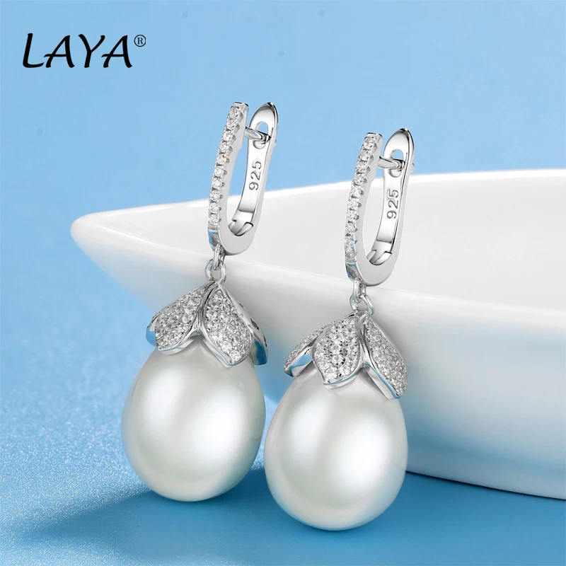 LAYA 925 Sterling Silver Fashion New Style Clear Cubic Zircon Shell Pearl Drop Earrings For Women Wedding Classic Fine Jewelry