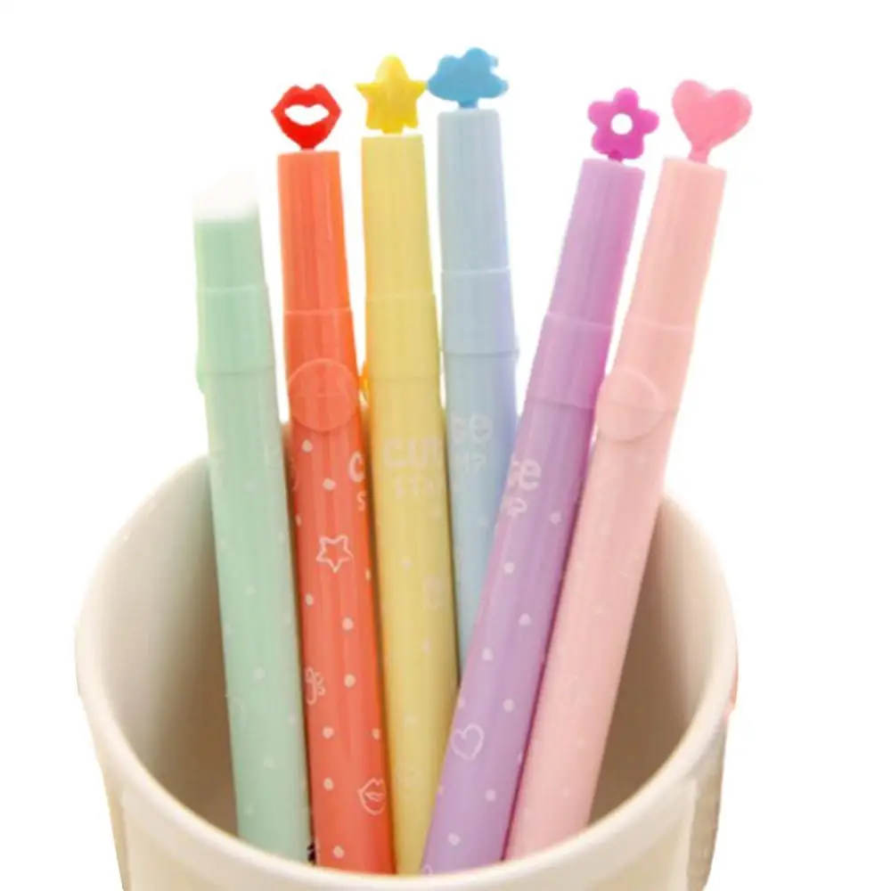 6Pcs/set Cute Candy Color Stamp Highlighters Pen Creative Marking Pen Stationery Office Highlighters Gifts for Kid Children