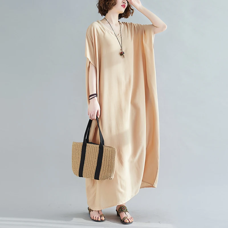 

2022 Summer Women's Clothing Bohemian V-neck Cotton Drape Long Solid Color Robe Loose Dress d805