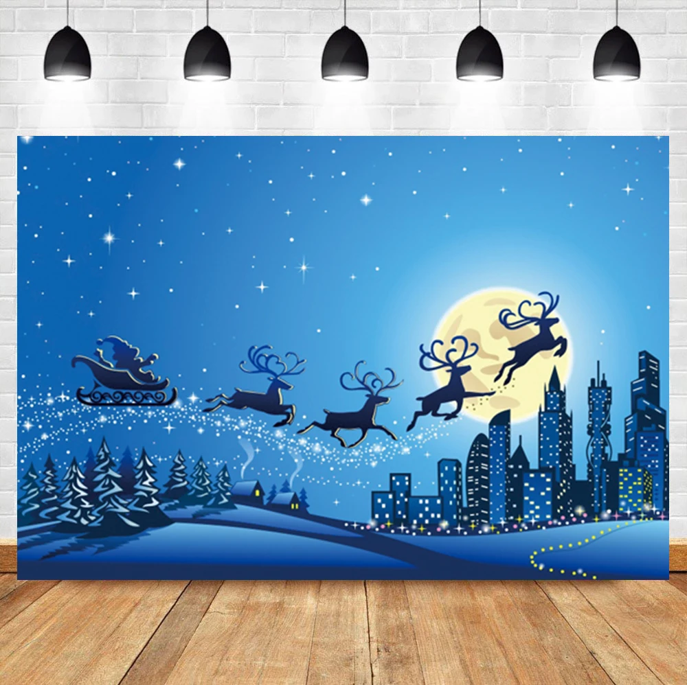 Laeacco Winter Christmas Room Decoration Background Reindeer Sleigh Month Santa Claus Birthday Photographic Photo Backdrop