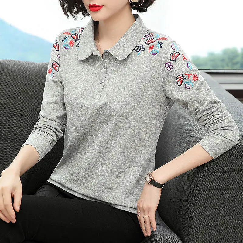 100% Cotton Shirt Women Elegant Blouse Long Sleeve Turn Down Color Tunic Basic Shirts Autumn Ladies Tops Embroidery High Quality