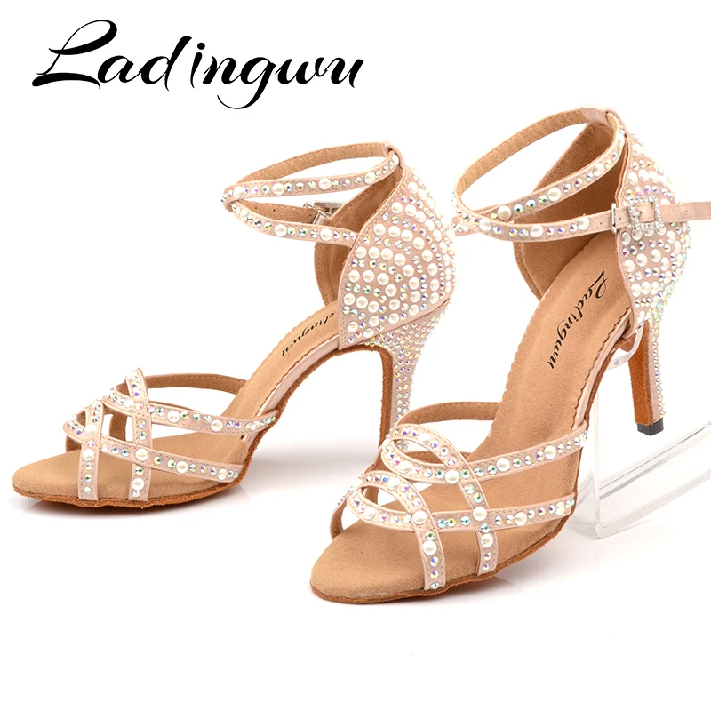 Ladingwu Women's Latin Tango Dance Shoes Ballroom Soft Sole High Heels Skin Color Stable Dancing Footwear for Ladies