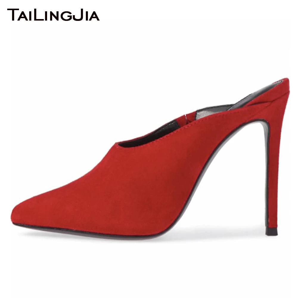 

Women's Pointed Toe Mules 2020 Stiletto High Heel Party Pumps Ladies Elegant Slip On Shoes Red Faux Suede Large Size Mule Shoe