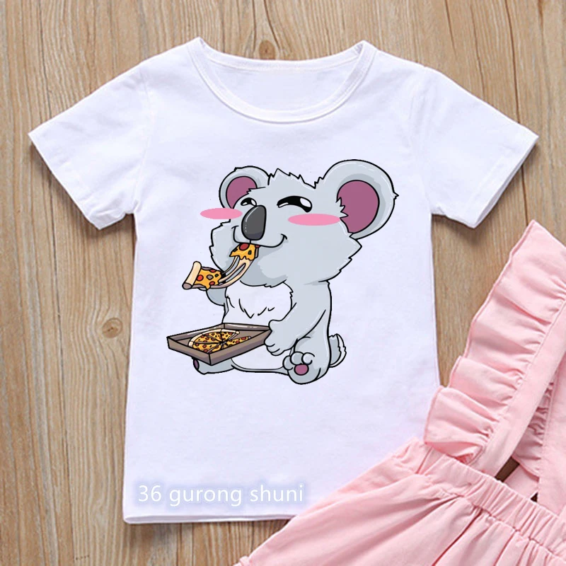 Fashion kids tshirt funny koala eating pizza graphic print boys t shirt cute animal cartoon casual tees girls t-shirt white tops