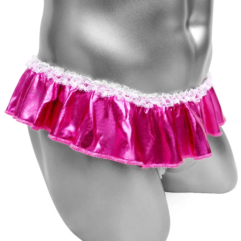 Crotchless Sissy Panties Skirted Sexy Lingerie Faux leather Thong Underwear Lace work for Mens Bikini Crazy Funny Sissy Panties