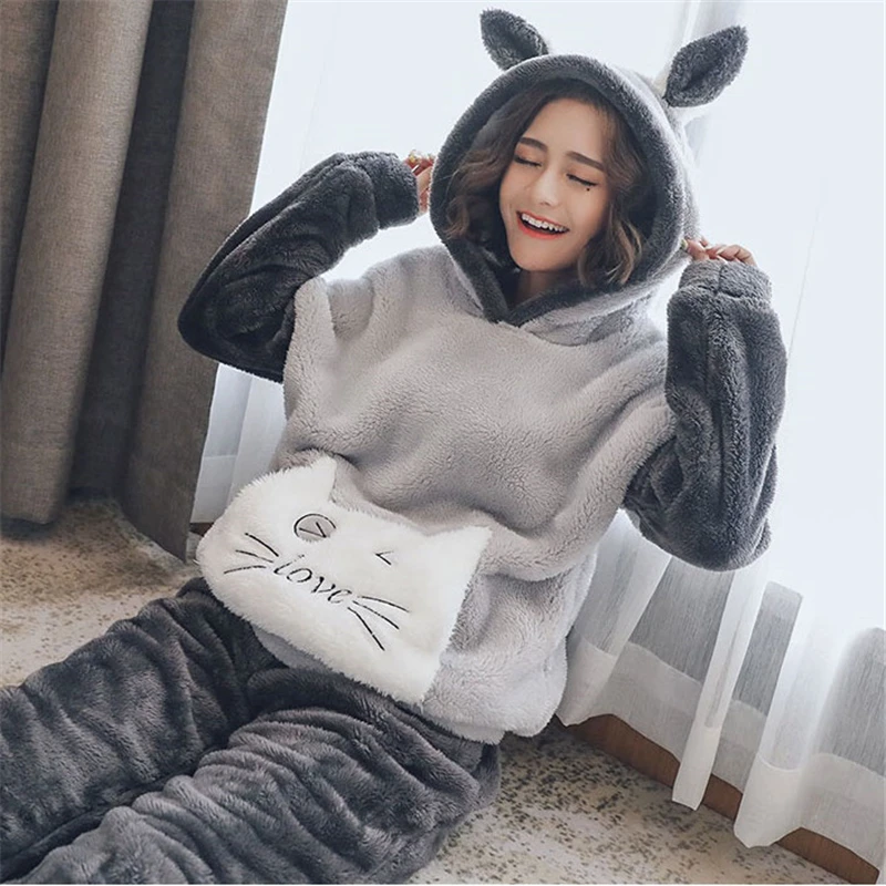 

New Autumn Winter Flannel pajamas Thick Women Sleepwear Female Coral Fleece Cartoon pajama sets Cat Bear with hat