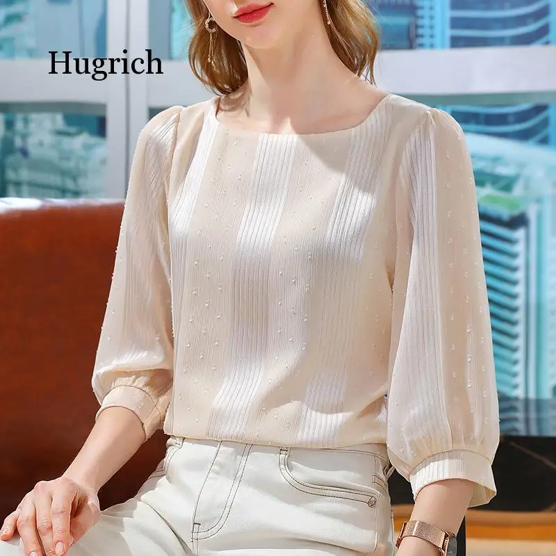 

Chiffon T-Shirt Women's Summer Spring Wear 3 / 4 Sleeve Elegant Office Style French Loose Top 2021 Fashion