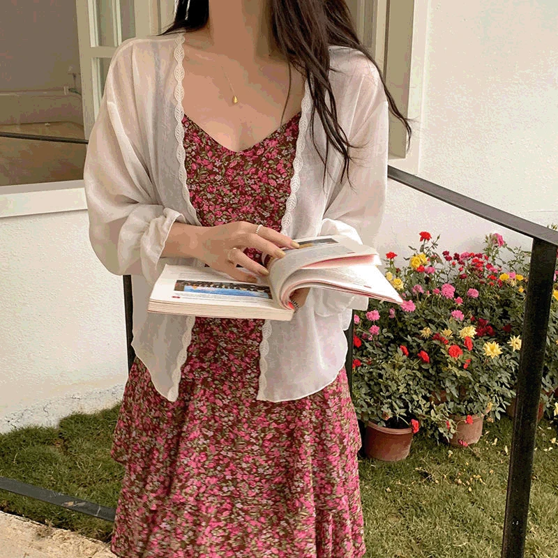 

Thin Chiffon Lace Cardigan Tops Sunscreen Beach Boho Shirt Women 2021 Sexy Casual Shawl Cover-Ups Blouse White Cardigan Blusas