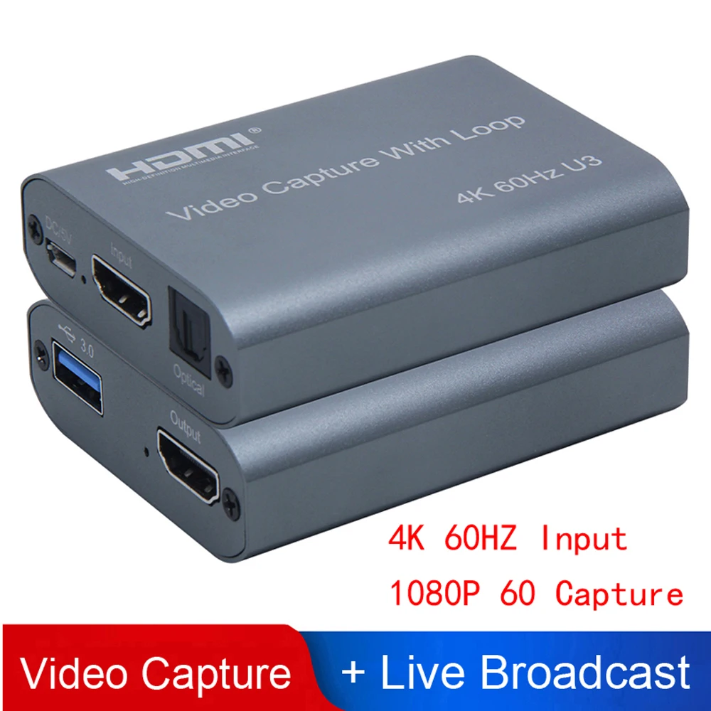 

4K 60HZ USB 3.0 Loop Out Audio Video Capture Card 1080P 60fps HDMI Video Grabber Box for PS4 Game Camera Recorder Live Streaming