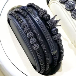 Jaravvi High Quantity Stainless Steel Beads CZ Crown Charm Cord Braided Macrame Friendship Bracelet Set Men