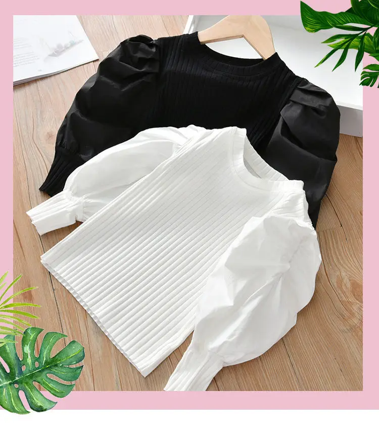Girls Puff Sleeve T-shirt Spring 2025 New Children's Fashion Long Sleeve T-shirt Baby Wearing Knitwear Kid's Bottoming Shirt