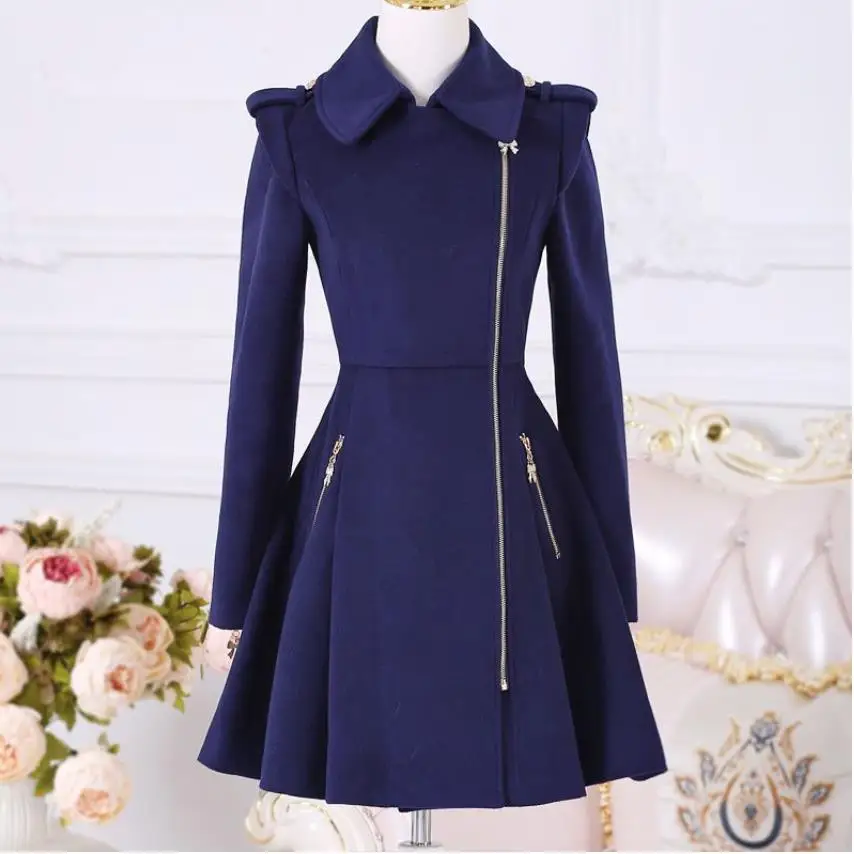 Autumn Winter Women Dark Blue Lady Coats Zipper Long-sleeved Woolen Coat Women\'s Mid-length Slim Winter Women