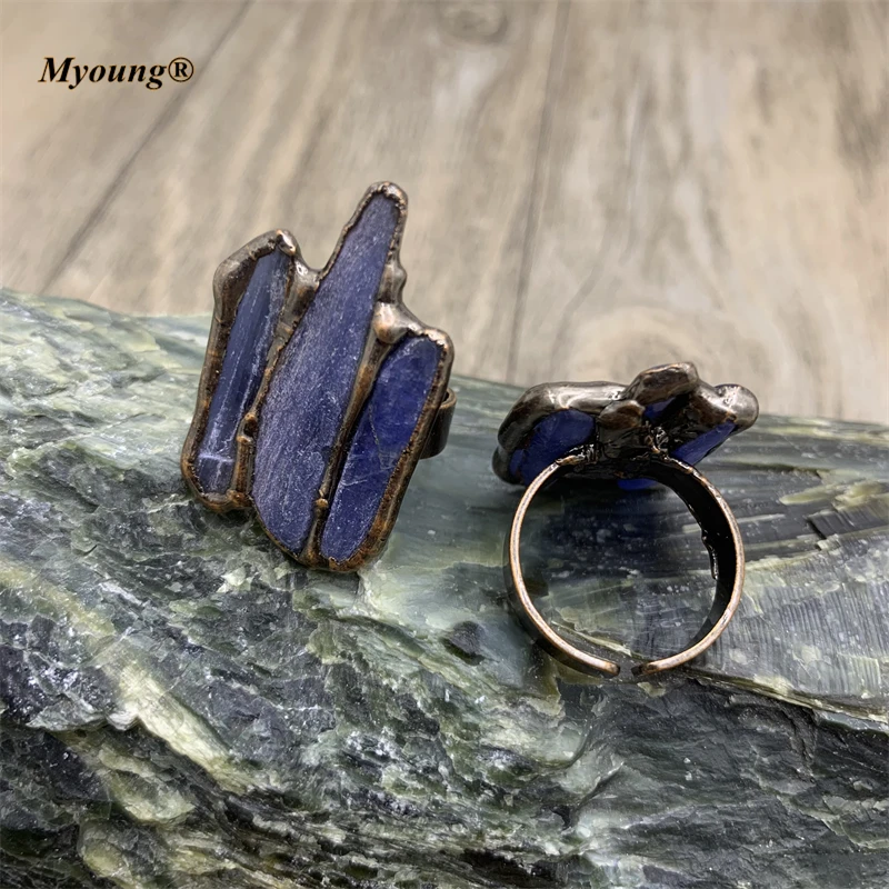 10pcs Wholesale Bronze Soldering Blue Kyanite Stone Adjustable Rings Boho Women Fashion Jewelry MY210728