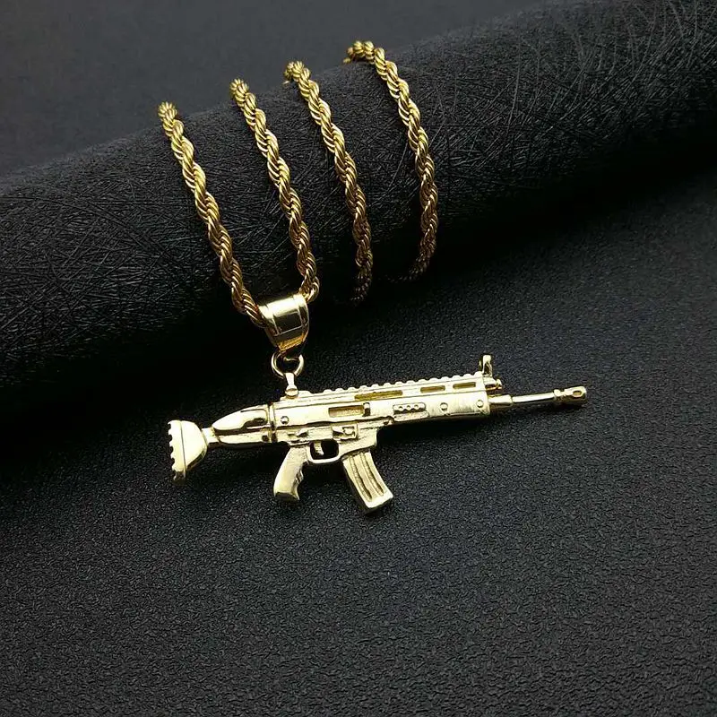 Punk Style Hiphop Gun Weapon scar Rifle Gun Pendant Chain Necklace Men Party Wearriing Golden Color Necklaces