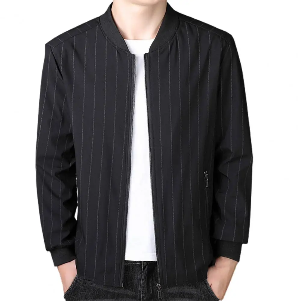 Men Coat Stripe Stand Collar Zipper Plus Size Spring Jacket for Daily Wear