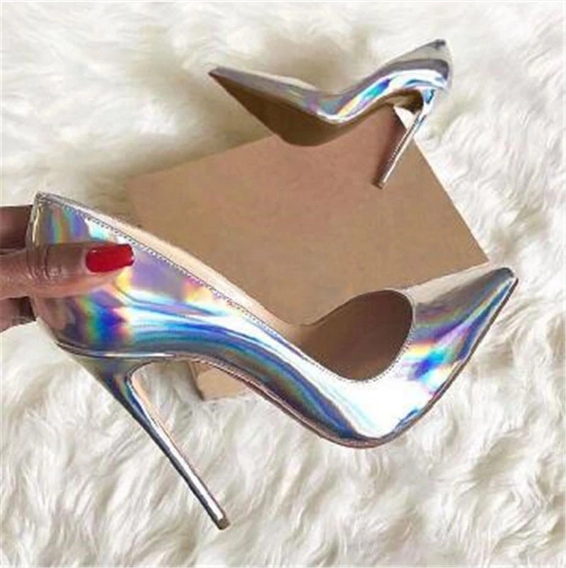 Hologram Iridescent Stiletto Heels Mirror Pumps Pointed Toe Shallow High heel Shoes Laser Reflected Leather Wedding Shoes Bride