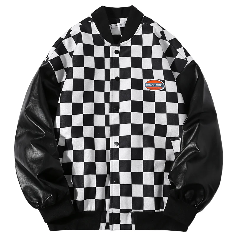 American checkerboard stitching Baseball Jacket, men\'s fashion brand loose BF versatile casual jacket jaket men mens clothing