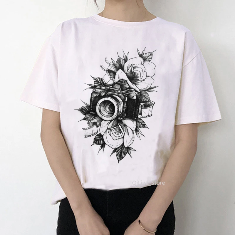 Retro Camera T-Shirt Female Watercolor Flowers Camera Printed Vintage Tee Shirt Femme White T Shirt Graphic Tshirt Tops Clothes