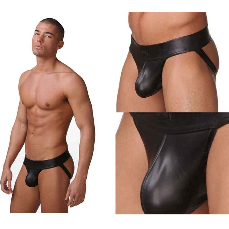 New Hot Sexy Mens Thongs G-string Underwear Black N2N Faux Leather Jockstrap Briefs Backless Underpants