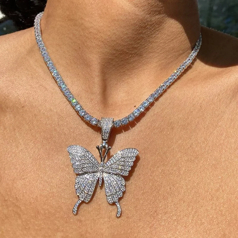 Gold Silver Color Zirconia Paved Bling Ice Out Butterfly Pendants Necklaces CZ Tennis Chain for Men Women Hip Hop choker Jewelry