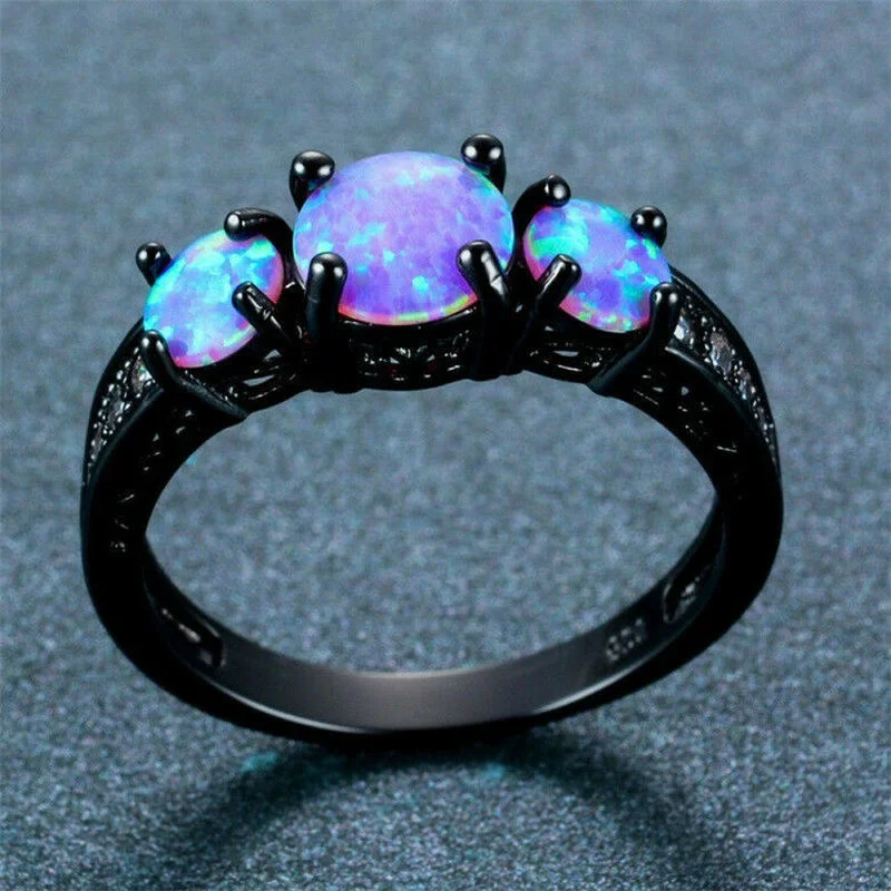 Vintage Wave Blue Simulated Opal Black Gold Fire Cross Wedding Ring Size 6-10