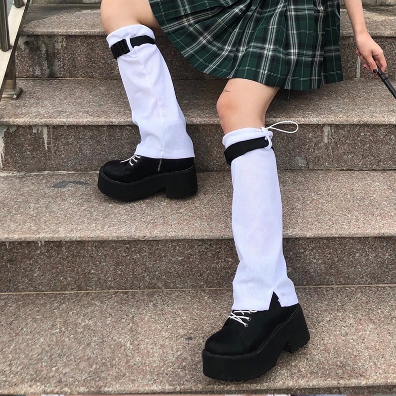 

Solid White Harajuku Girl Leg Warmers Y2k Lady Plastic Buckle Knee Sweet Leg Warmer Student Korean Fashion Draw String Long Sock