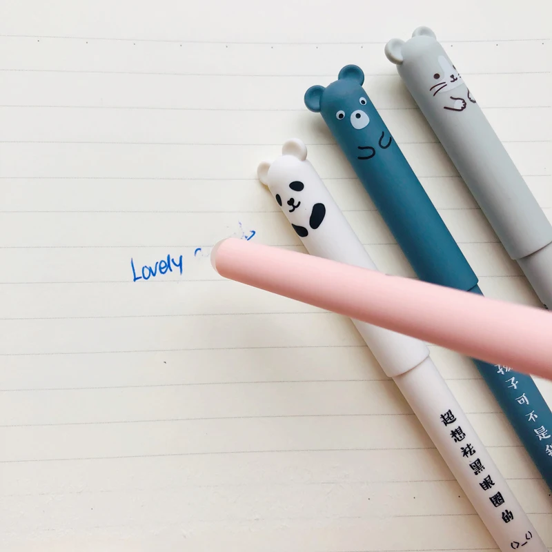 4 Pcs Kawaii Pig Panda Mouse Bear Erasable Velvet Gel Pen Student Stationery Blue