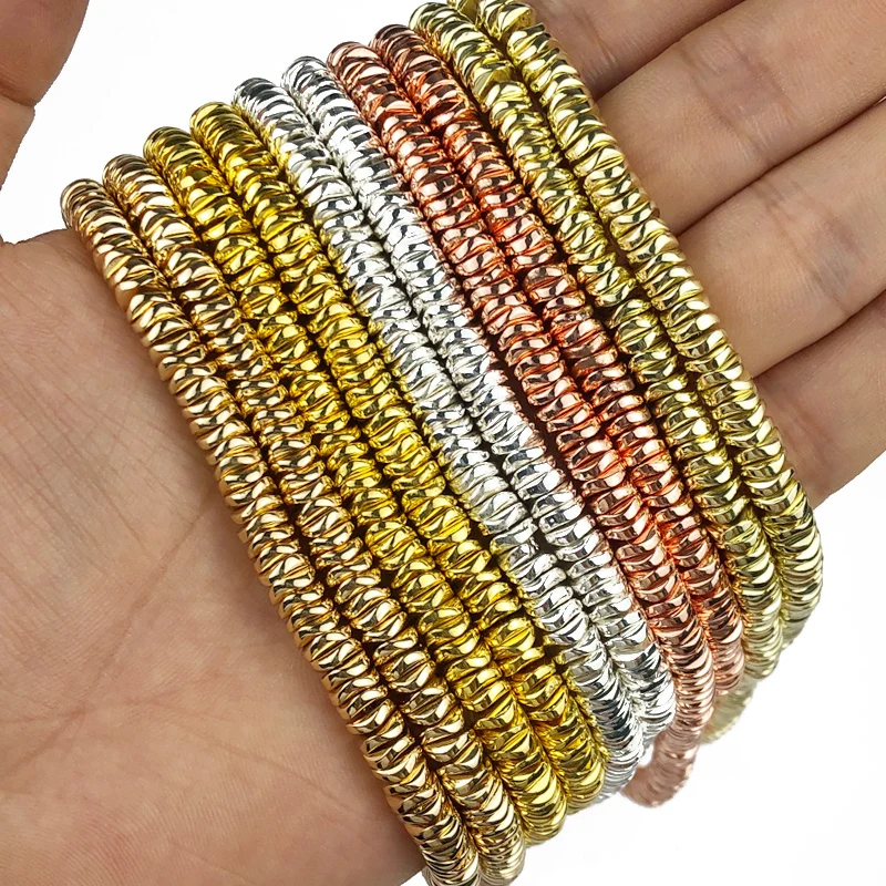 JHNBY Gold Colour Waves Spacer Hematite Natural Stone 6mm Flat round Loose Beads For Jewelry bracelets Making Diy accessories