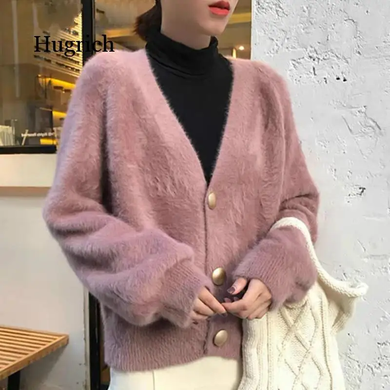 Elegant Loose Women Knitted Cardigans Lantern Sleeve Mohair Sweater Jumpers 2020 Autumn Winter Female Cardigan Jacket