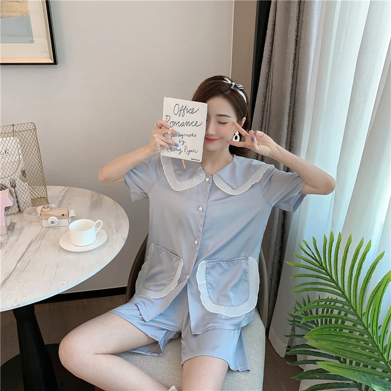 2022 Explosion Models Pajamas Women Summer Thin Short-sleeved Lapel Sweet Suit Home Service Loose Luxury Brand Simple Pijamas